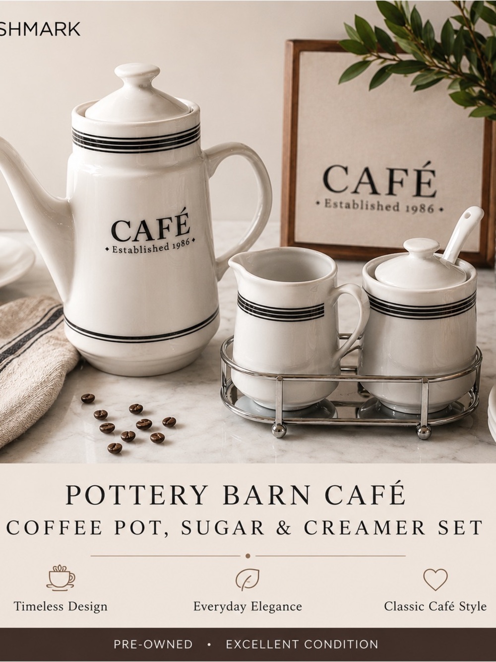 Pottery Barn CAFÉ Coffee Pot + Sugar & Creamer Set